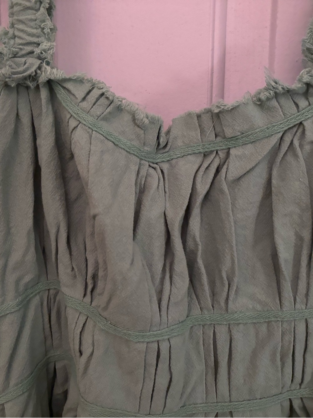 Free People Sage Green Ruffled Strap Mini Cotton Sundress sz XL pockets buttons - Picture 8 of 8